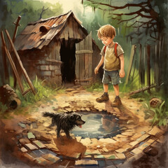 Cartoon Illustration of a Boy covered in mud