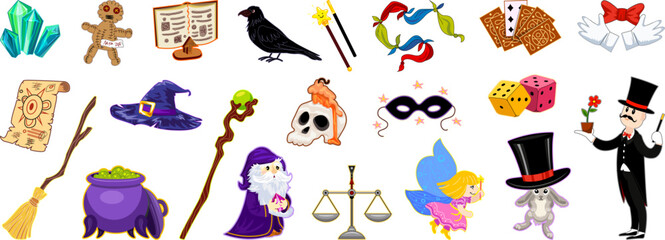 Wizard tools icons set cartoon vector. Magic wand. Stick show