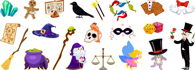Fototapeta premium Wizard tools icons set cartoon vector. Magic wand. Stick show