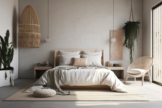 Interior of a white, comfortable, coastal bedroom. Generative AI