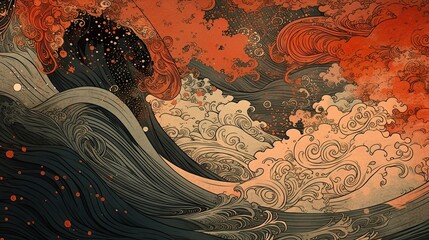 Japanese traditional Ukiyoe brown and red, old paper on the wall of an old mansion in the wilderness Abstract, Elegant and Modern AI-generated illustration