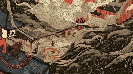 Rough seas attack an old mansion with the texture of old paper in brown and white of traditional Japanese Ukiyoe Abstract, Elegant and Modern AI-generated illustration