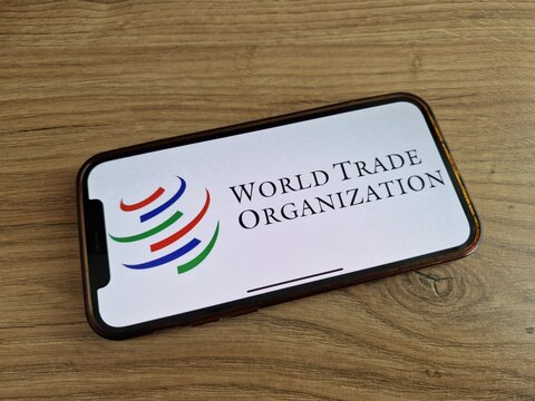 World Trade Organization logo displayed on mobile phone