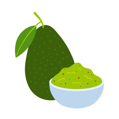 Guacamole. Bowl of traditional mexican dip guacamole and whole avocado. Flat vector illustration isolated on white background.