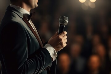 Microphone in speaker's hands at public speaking. AI generated, human enhanced