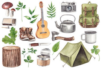 Camping set. Watercolor hand drawn illustration set of tourist. Tent, guitar, backpack, canned food, kettle, mug, boots, axe, knife, matches isolated on white background. - obrazy, fototapety, plakaty
