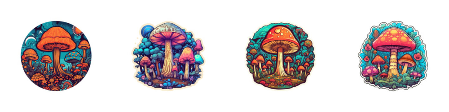 Mushroom psychedelic stickers. Vector illustration.