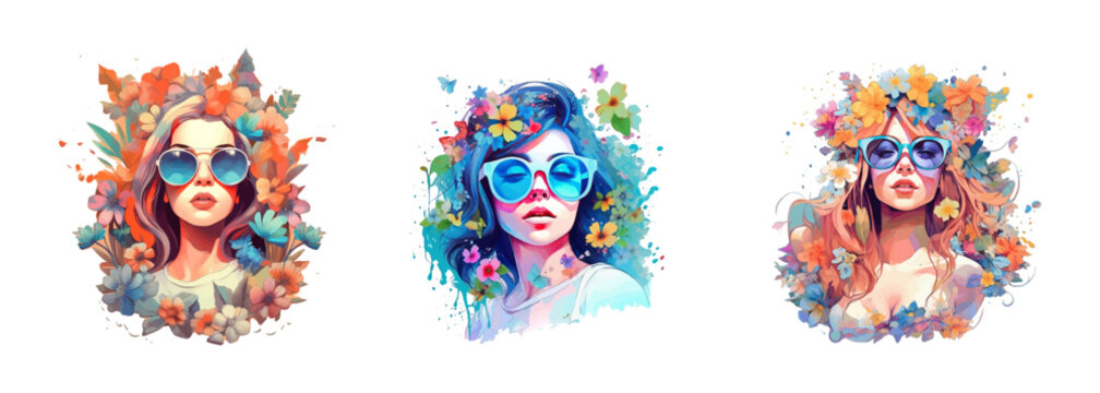 Girl in sunglasses with floral. Vector illustration.