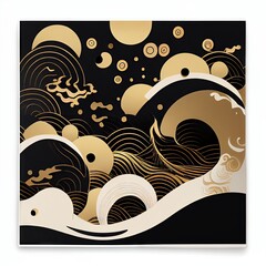 Mountains of gold, black, and white nature-breathing oshie and makie in traditional Japanese Ukiyoe Abstract, Elegant, and Modern AI-generated illustration