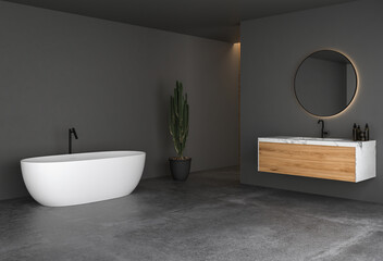 Naklejka na ściany i meble Dark bathroom with concrete floor, white bathtub, shower, toilet and white marble basin with mirror. Minimalist wooden bathroom with modern furniture and window, 3D rendering no people