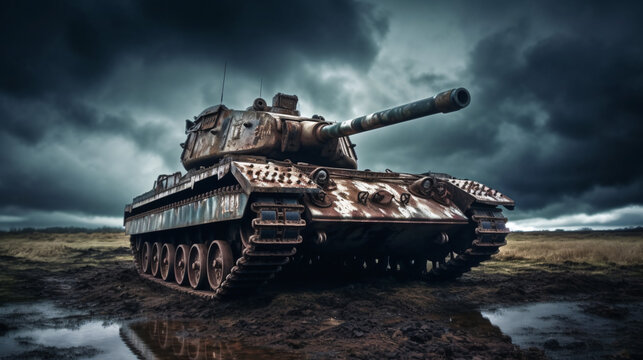Dramatic view of a military tank.