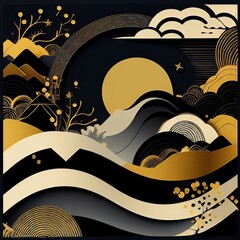 Japanese traditional Ukiyoe gold and black and white wavy curves stylish mountain graphic Abstract, Elegant and Modern AI-generated illustration