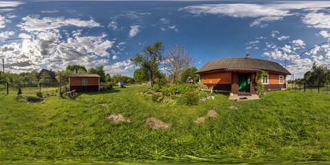 360 hdri panorama view in yard near wooden eco house in village in equirectangular spherical projection. for VR AR content - Powered by Adobe