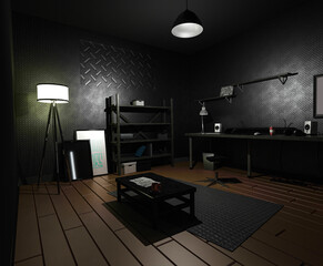 House basement interior with diverse elements distributed disorderly. Design and interior decoration. 3d render.