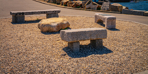 Beach stone benches on the coastal hill in Cape Anne, Rockport, Massachusetts