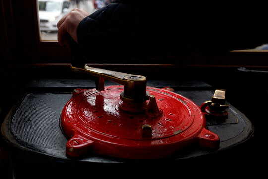 vintage tram mechanism steering wheel, Istanbul tramvay