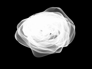 White transparent rose shape on black background. White flower. Abstract smoke swirl illustration. Crumpled object.