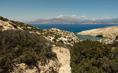 Top view of the sea and the bay of Matala, the southern coast of Crete, Greece