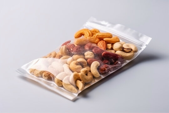 dried fruits in a doypack package on a white background Generative AI