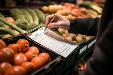 person's hands holding a check list and read the food title in grocery store  Generative AI