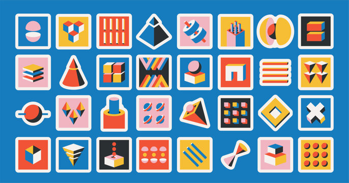 Geometric Bauhaus Icons Featuring Volumetric Figures In Square Form, Showcasing Minimalist Design And Abstract Shapes