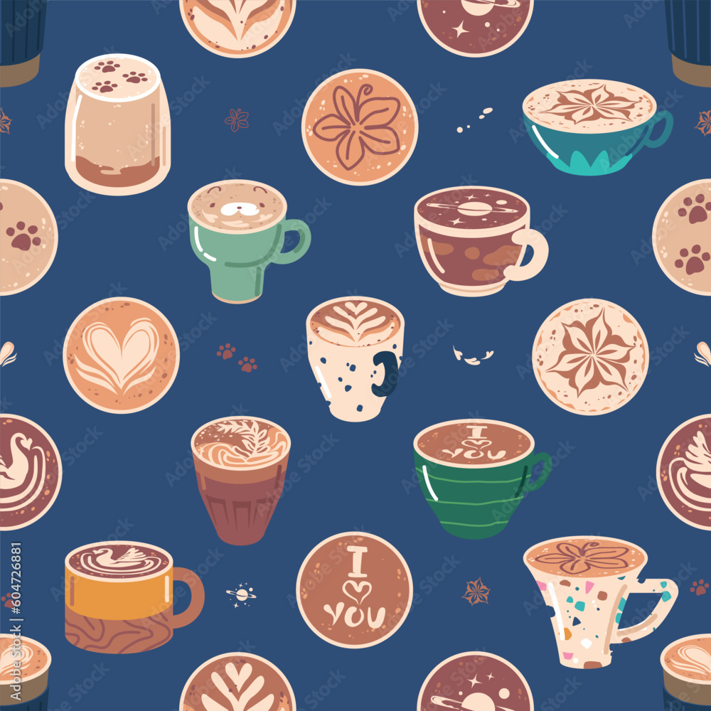 Poster coffee cups seamless pattern. repetitive design featuring various coffee cups in different styles an