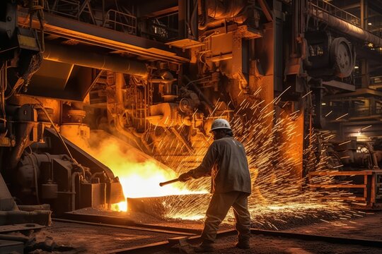Image of a worker wearing protective gear operating heavy machinery inside the steel mill, showcasing the industrial environment. Generative AI