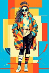 A vector illustration of a person wearing 80s fashion, featuring bold patterns, bright colors, and iconic elements like leg warmers and oversized sunglasses. Generative Ai