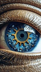 Fototapeta na wymiar Close-Up of Woman's Eye, Iris Composed of Tiny Clockwork Gears. Generative ai
