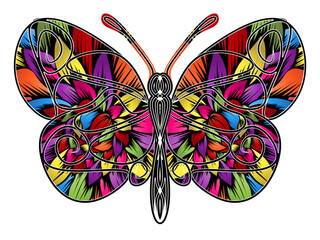 The symmetrical logo in the shape of a butterfly has dynamic gradient batik flower line art in a luxurious pattern colour 
