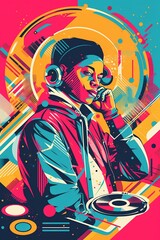 A retro-inspired poster, vector illustration of a DJ with turntables and headphones, surrounded by geometric shapes and vibrant colors, capturing the energy of 80s music culture. Generative AI