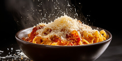 Ciotola di pasta al pomodoro spaghetti con formaggio grattuggiato - obrazy, fototapety, plakaty