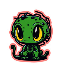 Cute space alien sticker. Alien with ufo in flat cartoon style.