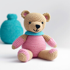 Pink and blue knitted toy teddy bear isolated on white created with Generative AI technology