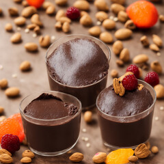 Rich and Creamy Chocolate Pudding in a Glass, Presented on a Wooden Table Surrounded by Scattered Fruits and Nuts