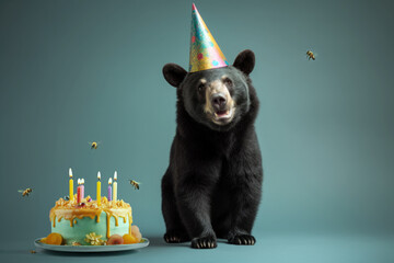 Black bear in a party hat with a honey cake and bees swarming around it, Happy Birthday concept, Generative AI
