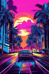 Fototapeta na wymiar A vibrant poster, vector illustration of a cityscape at night with neon lights, palm trees, and retro buildings, evoking the atmosphere of an 80s metropolis. Generative AI