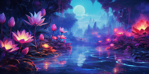 Obraz na płótnie Canvas Fantasy Forest Magic River Ethereal Moonlit Enchanted Garden Wallpaper Generative AI