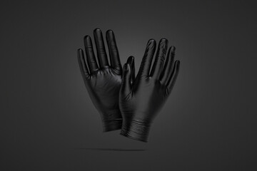 Blank black rubber gloves mockup, front and back, dark background