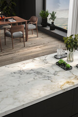 This interior scene features a kitchen island with a mock-up sink, alongside a dining and living area. Perfect for showcasing open-plan living concepts. 3d rendering