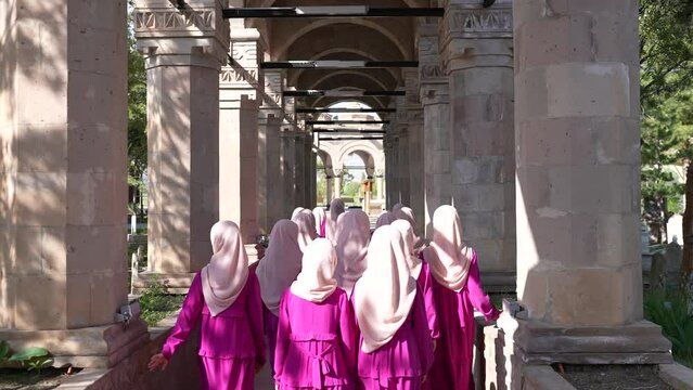 Slow Motion of girl students wearing Hijab