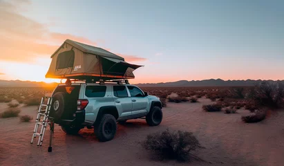 Kussenhoes All-terrain camping car with tent on the roof in a beautiful mountain scenery during sunset. Adventure, wild concept. Generative AI © Pelayo