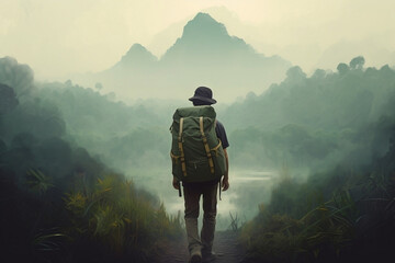 A young man in a panama hat and a backpack travels through uncharted terrain against the backdrop of the jungle and mountains. Free life concept.