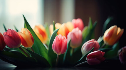Beautiful spring bouquet of colorful tulips on the windowsill, creating a romantic atmosphere. Generative AI
