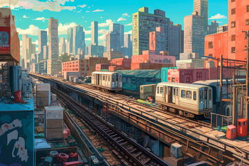 urban life, view of a colorful buildings, watercolor, surreal city scenes, generative ai