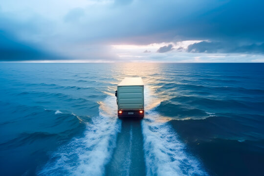 truck traveling on a route with a solitary sea, generative ai