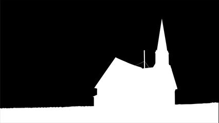 Black and white illustration, a church in the middle of the field.