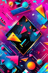 A vibrant and colorful poster background featuring geometric shapes, neon lights, and bold typography reminiscent of 90s rave flyers. Generative AI