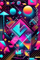 A vibrant and colorful poster background featuring geometric shapes, neon lights, and bold typography reminiscent of 90s rave flyers. Generative AI
