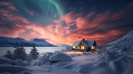 Epic aurora borealis with the beautiful of home and snow